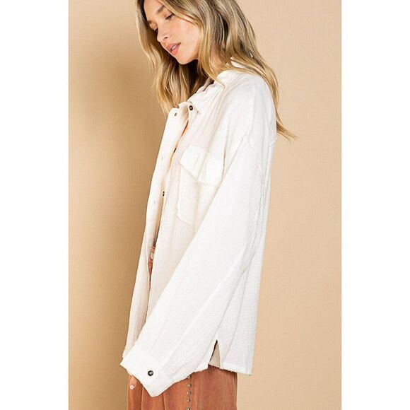 POL Clothing Button Up Dad Shirt Shacket Top Oversized Fit Off White S-L YKT433 - Picture 6 of 7